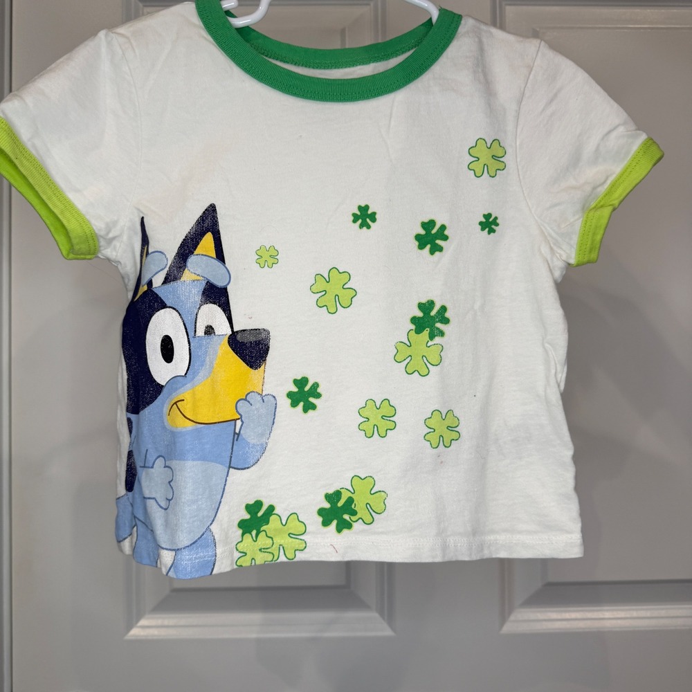 Bluey Kids St Patricks Day Shamrock Ringer Tee White Green Size S